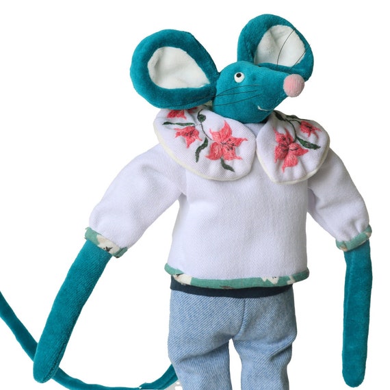Handmade Mouse Plush Toy, Whimsical Teal Cloth Doll with Floral Collar, Heirloom Soft Sculpture, Gentle Playtime Friend, Keepsake Gift