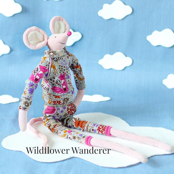 Handmade Mouse Doll, Floral Fabric Stuffed Animal, Soft Cloth Toy, Artisan Rag Figure, Heirloom Plush, Unique Collector Gift