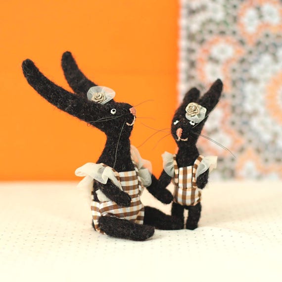 Mother and Daughter Miniature Rabbits – Handmade Poseable Bunny Soft Sculptures, Textile Animal Toys, Heirloom Nursery or Shelf Decor
