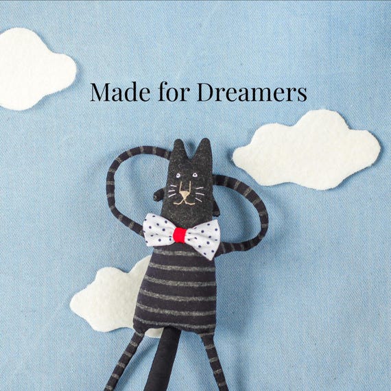 Black Striped Cat Plush, Handmade Jersey Stuffed Animal Doll, Bow Tie Soft Sculpture Toy, Quirky Shelf Sitter Decor for Cat Lovers Gift