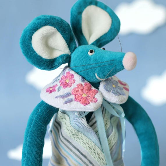 Teal Mouse Stuffed Animal, Handmade Cloth Plushie, Embroidered Floral Collar Doll, Velvet Soft Toy, Heirloom Keepsake Gift, Nursery Decor