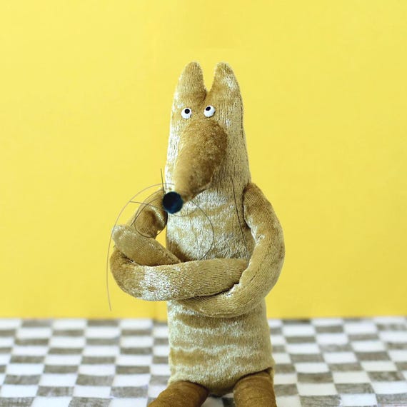 Whimsical Wolf Stuffed Animal, Woodland-themed Decor, Fabric Cloth Rag Plush Handsewn Doll, Soft Sculpture, Textile Keepsake, Heirloom Toy
