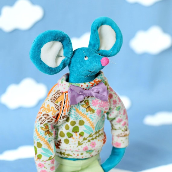 Handmade Mouse Stuffed Animal, Teal Floral Fabric Soft Doll, Heirloom Plush Toy, Artisan Sewn Cloth Doll, Unique Kids Gift, Collector Doll