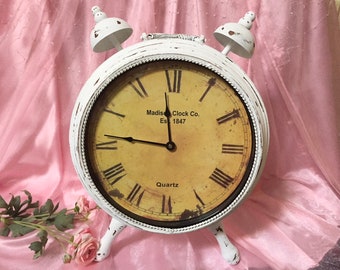 Huge Alarm Clock Vintage Style Easel 19” Hanging Wall or Table Hand Painted White Country Shabby Chic Distressed Farmhouse Vintage Upcycled