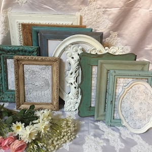 Picture Frame Set Ornate Mix Hand Painted Distressed Shabby Chic Vintage Mix Frames Upcycled ,Teal, Turquoise, Blue, Brown, White