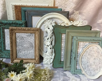 Picture Frame Set Ornate Mix Hand Painted Distressed Shabby Chic Vintage Mix Frames Upcycled ,Teal, Turquoise, Blue, Brown, White