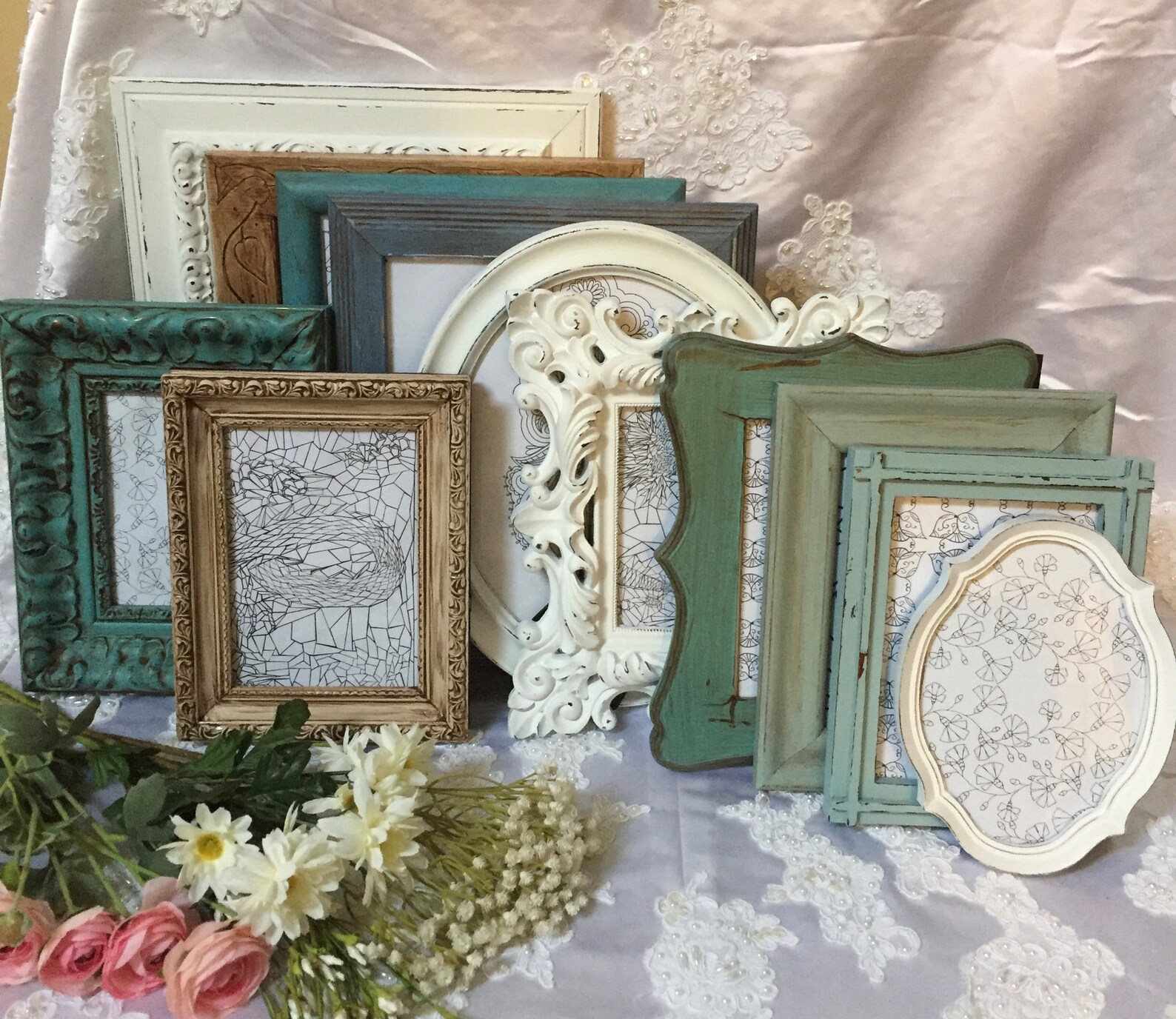 Picture Frame Set Ornate Mix Hand Painted Distressed Shabby Chic ...