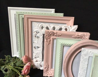 Shabby Chic Picture Frame Set Ornate Mix Custom Colors Vintage Mix Hand Painted Distressed Picture Frames Blush Grey White