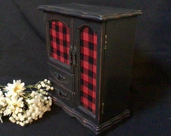 Jewelry Box Armoire Shabby Chic Black Buffalo Plaid Vintage Wooden Jewelry Box Distressed Hand Painted Upcycled