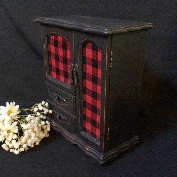 Jewelry Box Armoire Shabby Chic Black Buffalo Plaid Vintage Wooden Jewelry Box Distressed Hand Painted Upcycled