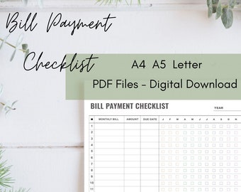 Bill Payments Checklist- A4 A5 Letter- PDF Digital Download