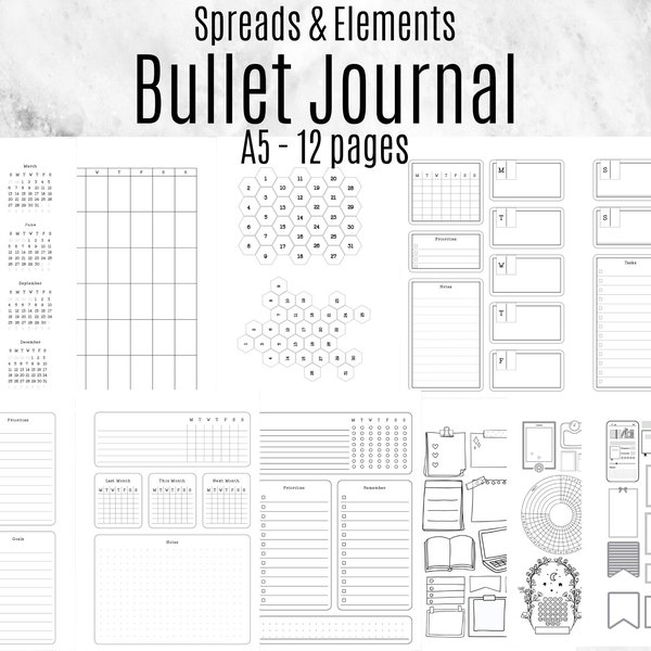 Bullet Journal Bujo Spreads and Elements - Printable A5 12 Pages - Customize your planner or journal with ease - Templates, PDF- 2023 2024