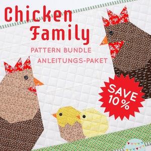 Peut inclure: Panneau de tissu matelassé avec un motif "Chicken Family". Le motif comprend deux poulets adultes et deux poussins, avec le texte "PATTERN BUNDLE" et "SAVE 10%" en rouge. Le fond est blanc avec un motif en losange.