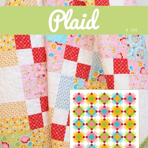 Peut inclure: Un modèle de courtepointe appelé "Plaid" #105, conçu par Nadra Ridgeway. Le motif présente un design en patchwork avec des carrés de tissu rouge, rose, jaune, vert et bleu avec des imprimés floraux. Le motif mesure 65 pouces par 65 pouces.