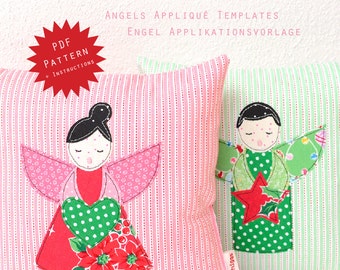 May include: Two pink and green striped pillow covers with appliqued angels. The angels are holding a red star and a green heart. The text "Hear the Angels..." is at the top of the image. The text "Angels Applique Templates" and "Engel Applikationsvorlage" is below the pillows. The text "Designed by Nadra Ridgeway" and "www.ellisandhiggs.com" is at the bottom of the image.