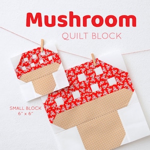 Può includere: Uno schema di blocco per trapunta per realizzare un blocco per trapunta a forma di fungo. Lo schema include istruzioni per realizzare due dimensioni di blocchi: un blocco di 15 cm per 15 cm e un blocco di 30 cm per 30 cm. Lo schema è stato progettato da Nadra Ridgeway di ellisandhiggs.com.