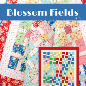 Könnte beinhalten: Ein Quiltmuster namens "Blossom Fields" #121, entworfen von Nadra Ridgeway von ellisandhiggs.com. Das Muster ist ein Fat-Quarter-freundliches Quiltmuster. Das Bild zeigt einen Quilt, der mit dem Muster hergestellt wurde und eine Vielzahl von Blumenstoffen in Rosa, Blau, Grün und Gelb aufweist.