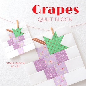 Könnte beinhalten: Ein Quiltblockmuster namens "Grapes" mit zwei Versionen, einem kleinen Block von 6x6 Zoll und einem großen Block von 12x12 Zoll. Die Blöcke zeigen ein lila und grünes Design mit einer Sternform in der Mitte.