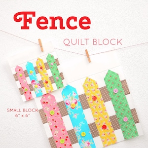 Könnte beinhalten: Ein Quiltblockmuster namens "Fence" mit zwei verschiedenen Größen: ein kleiner Block von 6x6 Zoll und ein großer Block von 12x12 Zoll. Die Blöcke bestehen aus bunten Stoffstreifen mit einer braunen Stoffbasis und haben Knöpfe.