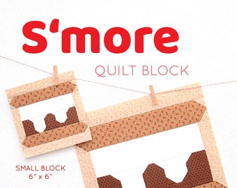 Könnte beinhalten: Ein Quiltblock-Muster namens "S'more" mit zwei verschiedenen Größen: ein kleiner Block von 15 cm x 15 cm und ein großer Block von 30 cm x 30 cm. Das Muster wurde von Nadra Ridgeway von ellisandhiggs.com entworfen.