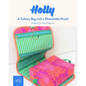 Peut inclure: Une trousse de toilette suspendue avec une pochette détachable, présentant un extérieur à motif floral rose et orange et un intérieur à rayures vertes et bleues. Le sac comprend plusieurs compartiments zippés, des poches en filet et un crochet en métal.