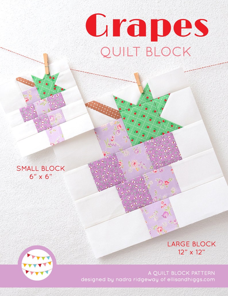 May include: A quilt block pattern called "Grapes" with two versions, a small 6x6 inch block and a large 12x12 inch block. The blocks feature a purple and green design with a star shape in the centre.