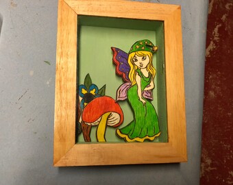 Wooden Shadow Box with a Fairy and mushrooms