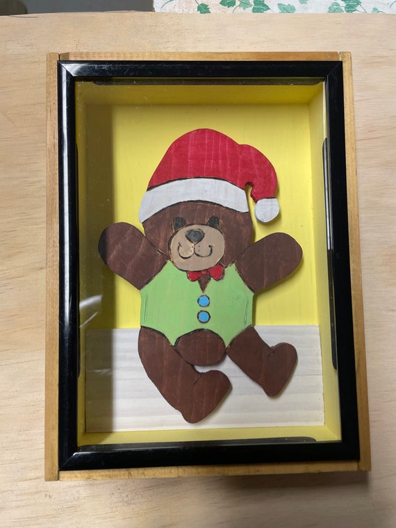 Wooden Shadow Box with a happy teddy bear
