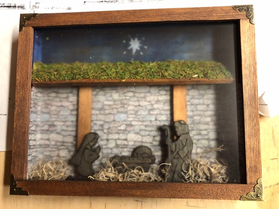 CHRISTMAS - Wooden shadow box with night-time manger scene