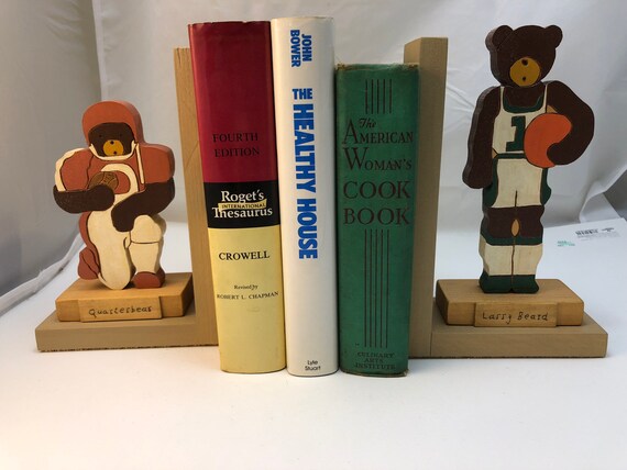 FREE SHIPPING - wooden "Busy Bears" bookend of a football and basketball player