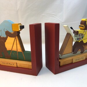 FREE SHIPPING wooden Busy Bears bookend of a photographer and a painter image 2