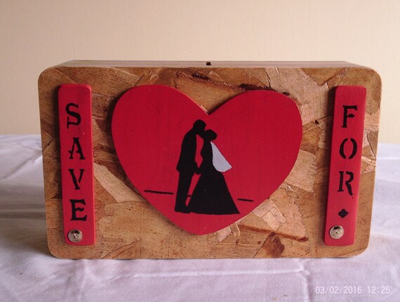 Wooden Coin Bank with a recently married couple