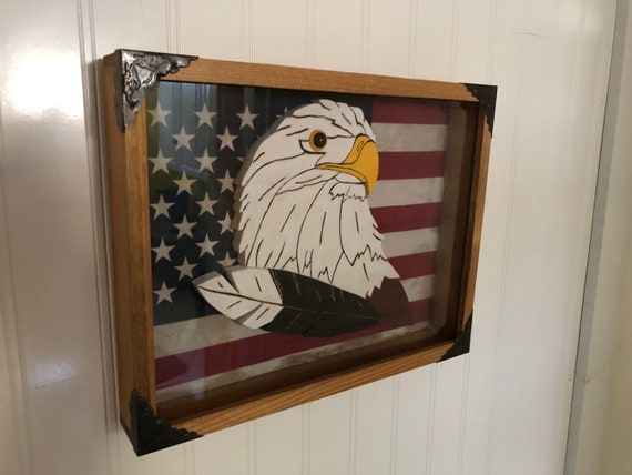 Wooden Shadow Box of Eagle and American Flag