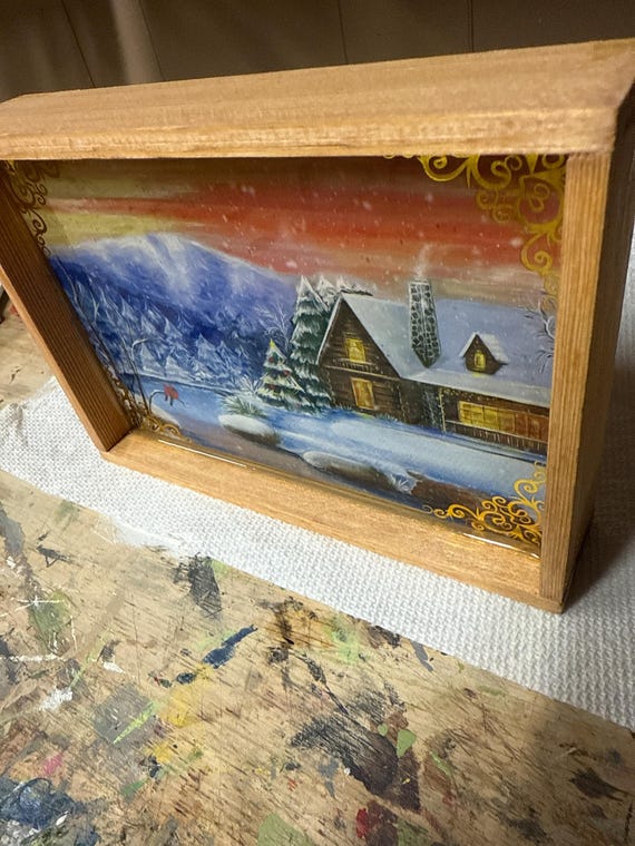 Small epoxied shadow box of a wintery scene