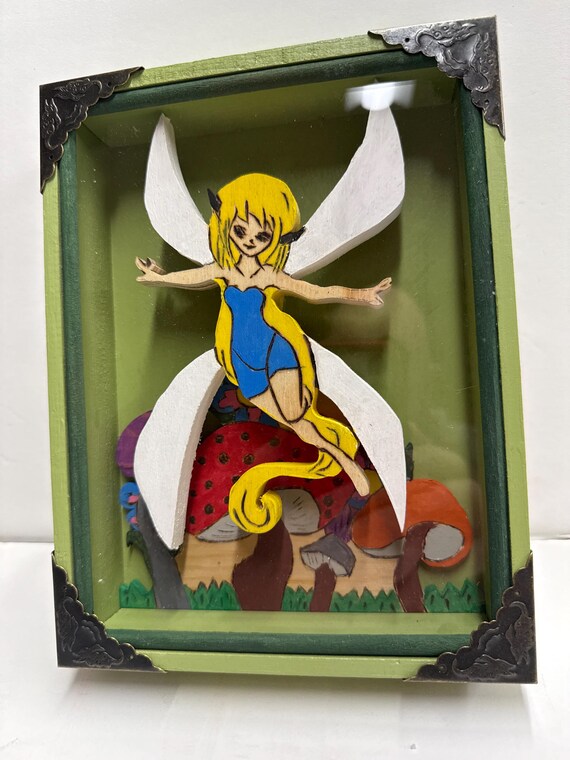 Wooden Shadow Box with a Fairy and her mushrooms