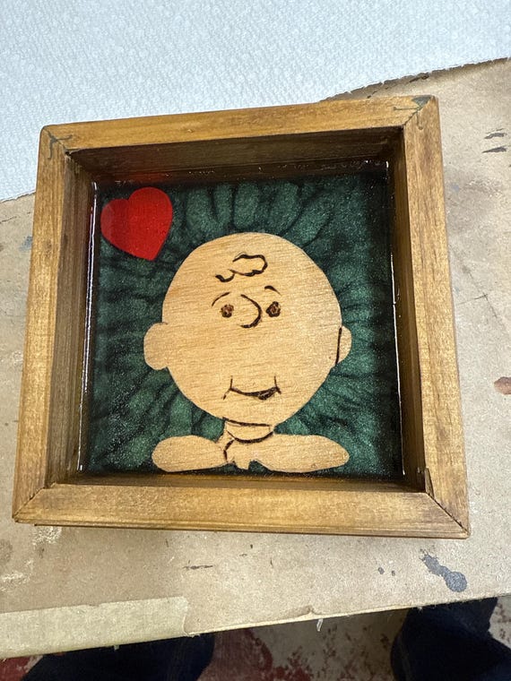 Small epoxied shadow box of Charlie Brown