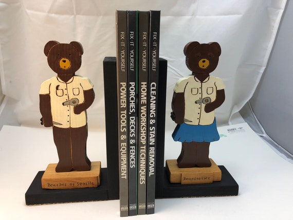 FREE SHIPPING - wooden "Busy Bears" bookend of  a Barber and a Hairdresser.