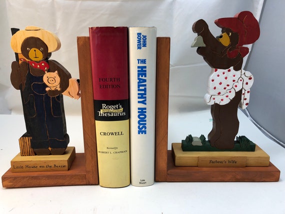 FREE SHIPPING - wooden "Busy Bears" bookend of a farmer bear and his wife