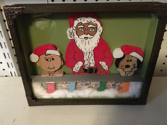 CHRISTMAS - Wooden Shadow Box with Charlie, Santa Claus, and Snoopy .