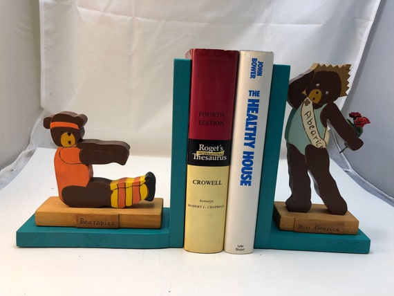 FREE SHIPPING - wooden "Busy Bears" bookend of an exerciser and a beauty queen
