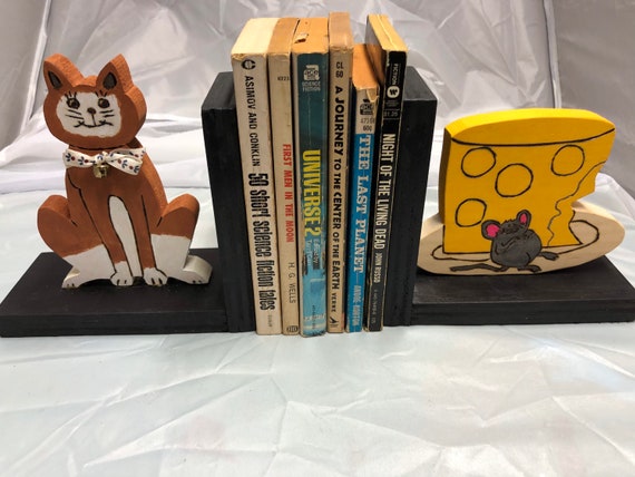 Wooden Bookend That Shows A Cat And A Cheese Stuffed Mouse Etsy