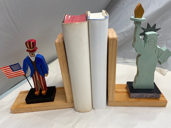 FREE SHIPPING - wooden bookend with  "Uncle Sam and Lady liberty” .