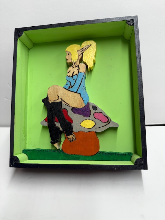Wooden Shadow Box with a Fairy sitting on a mushroom