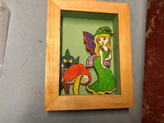 Wooden Shadow Box with a Fairy and mushrooms
