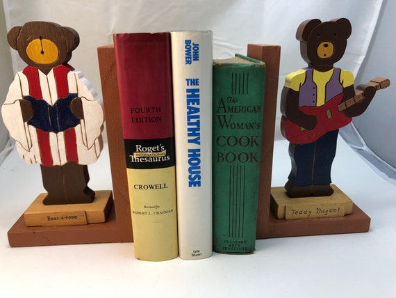 FREE SHIPPING - wooden  "Busy Bears" bookend of a choir singer and a Rock Star