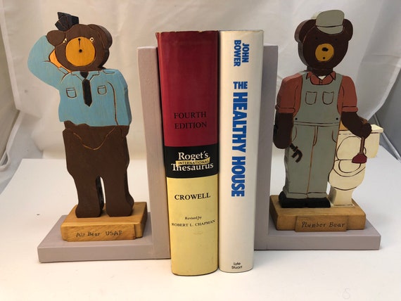 FREE SHIPPING - wooden "Busy Bears" bookend of an Airman and a plummer