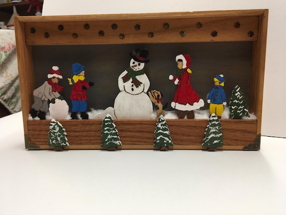 Wooden Shadow Box of a playful Wintery Scene