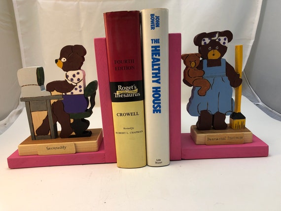 FREE SHIPPING - Wooden "Busy Bears" bookend of a secretary/office manager and a Mom.