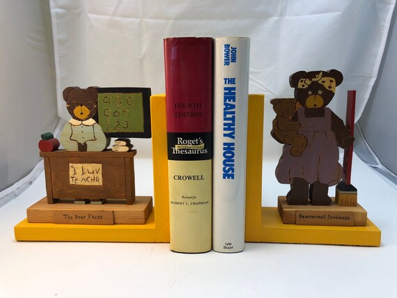 FREE SHIPPING - wooden "Busy Bears" bookend of a teacher and a mother