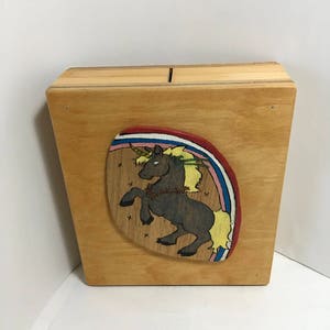 Wooden coin bank with unicorn (with &quot;hidden&quot; coin access)